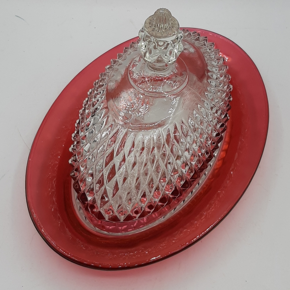 VTG Indiana Glass Diamond Point Oval Covered Butter Dish Ruby Band Crystal #0168